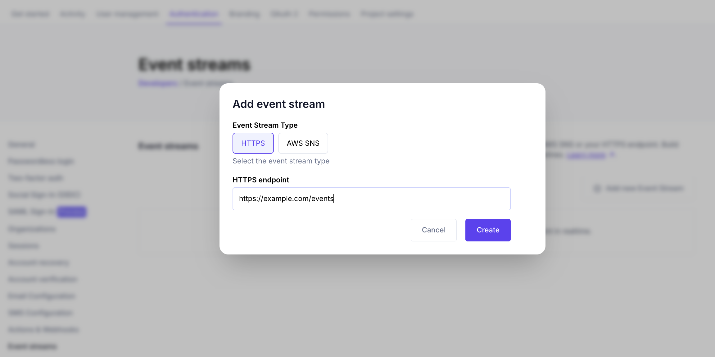 Create new Event Stream dialog with HTTPS type selected