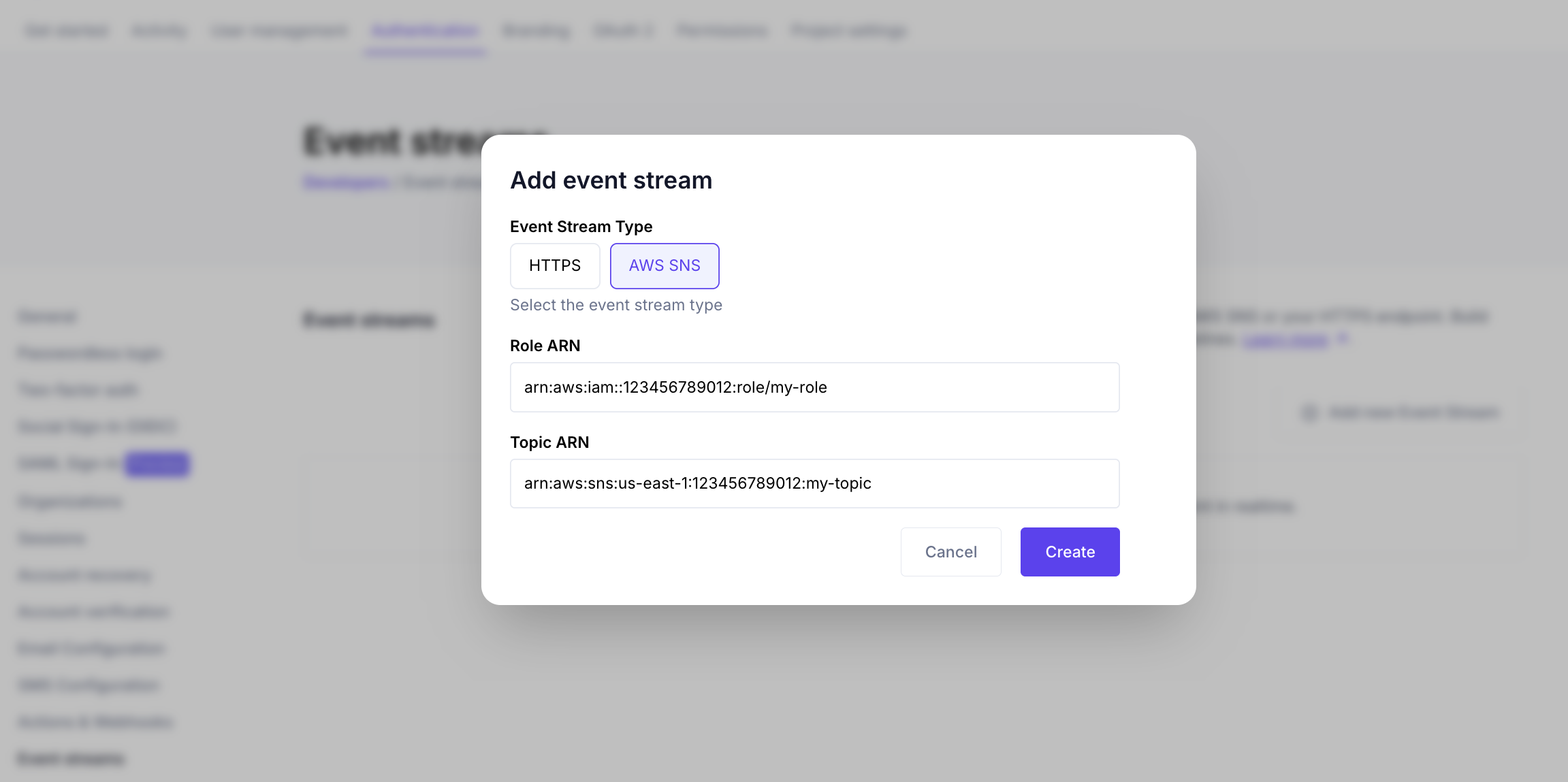 Create new Event Stream dialog with AWS SNS type selected