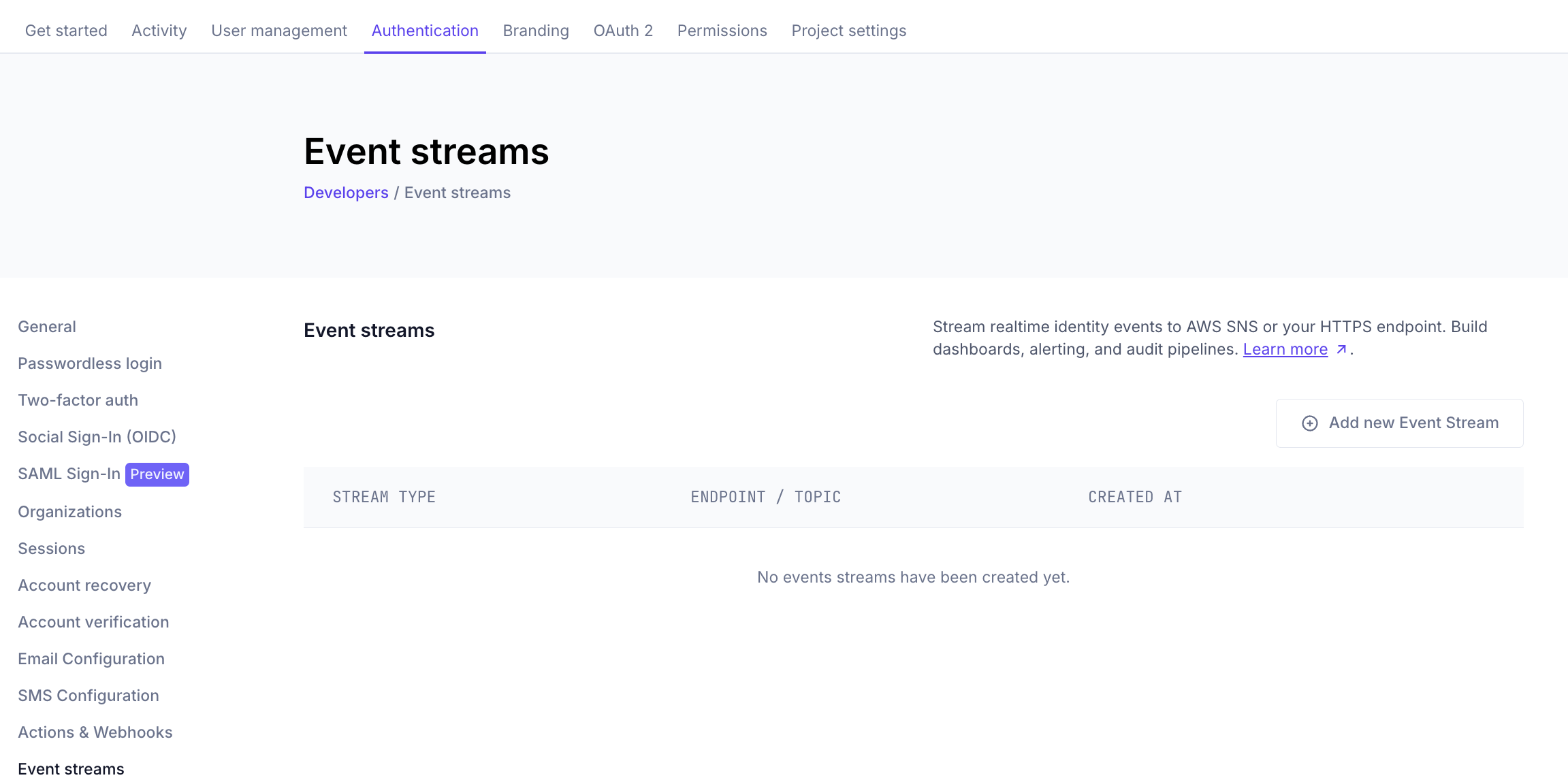 Event streams page with the Create new Event Stream button